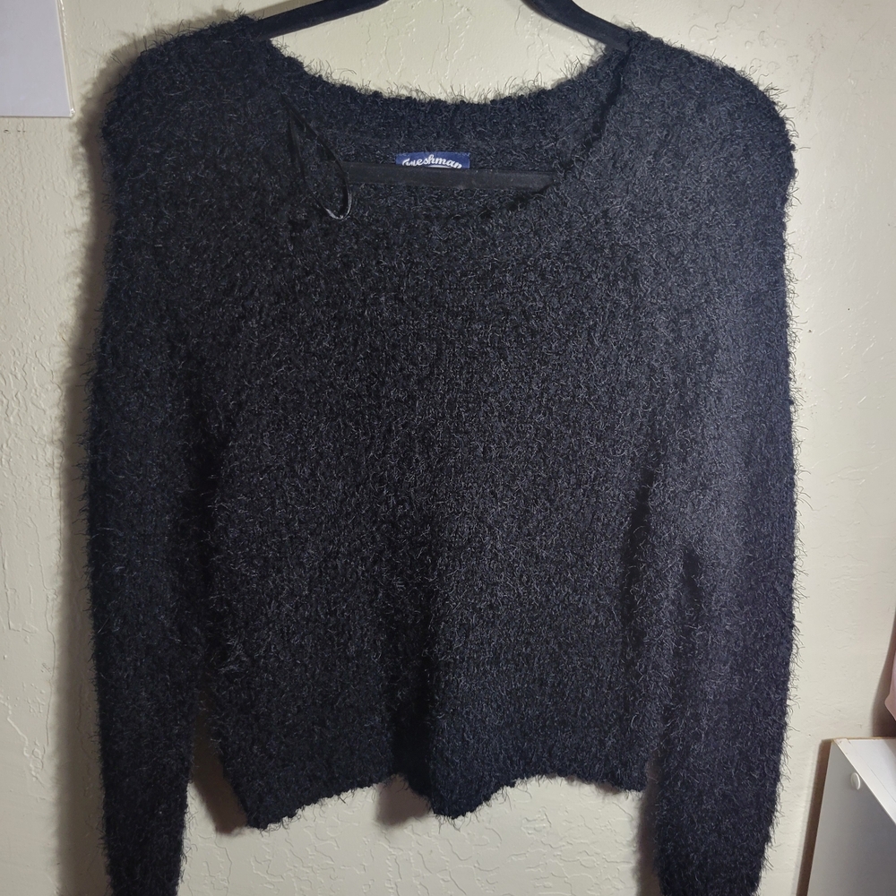 Freshman Black Fuzzy Crew Neck Sweater
